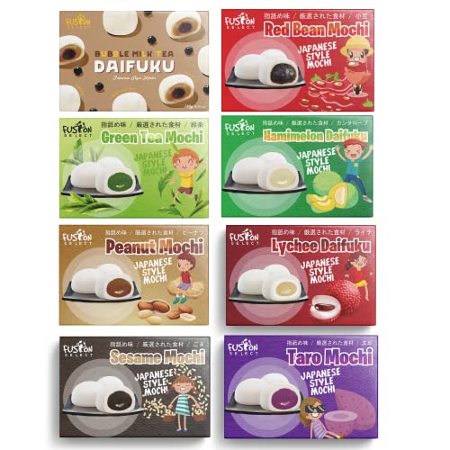 Fusion Select Variety Mochi Daifuku Snacks - Traditional Japanese Rice Cakes with Filling Lychee, Sesame, Boba Milk Tea, Green Tea, Red Bean, Taro, Peanut, Melon Chewy and Soft (Variety Flavors 4) - Variety Flavors 4