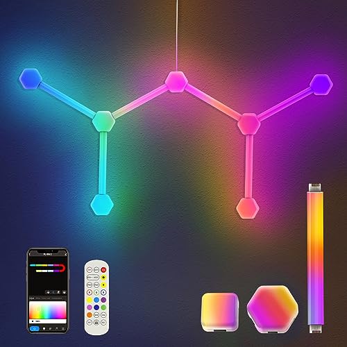 YSJ 14pack LED Wall Lights, RGB Wall Lights, Hexagon Wall Light DIY Geometry Splicing Gaming Lights, Smart Glide Lively Light Bars for Gaming Room Decor and Streaming, Creative Lights with Music Sync