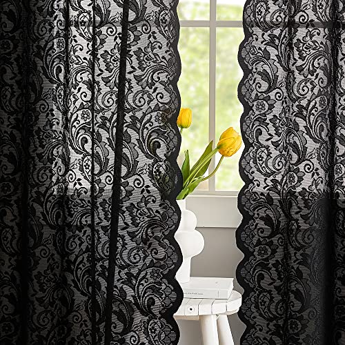 ALIGOGO Black Lace Halloween Curtains for Living Room Luxury Gothic Sheer Curtains 84 inches Long Boho Doorway Curtains Witchy/Goth Room Decor 52 x 84 Inch Black - Black - 52" W x 84" L