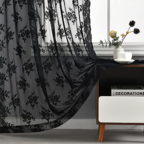 Kotile Black Lace Curtains 84 Inches Long - Vintage Floral Black Sheer Curtains 2 Panels, Gothic Sheer Lace Curtains for Living Room, Rod Pocket Black Sheer Window Curtain Panels, 52 x 84 Inch, Black - 52 in x 84 in (W x L) - Black