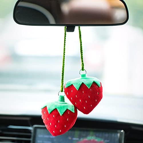 Red Heart Strawberry Car Mirror Hanging Aesthetic Car Decoration, Cute Fruit Car Rear Dangle Interior Ornament for Teens Women Valentine's Day Girl Car Decor Accessories (Strawberry) - Deep Red