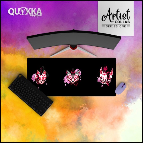 Japanese Kitsune Mask Design Mousepad | Artist Collab x Ame - 60x30cm / 2mm / Stitched