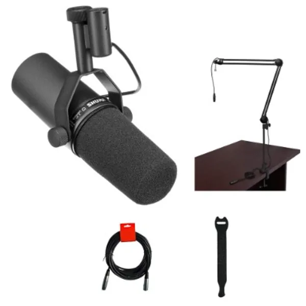 Shure SM7B Cardioid Dynamic Vocal Microphone with Two-Section Broadcast Arm, XLR Cable  10-Pack Straps Bundle