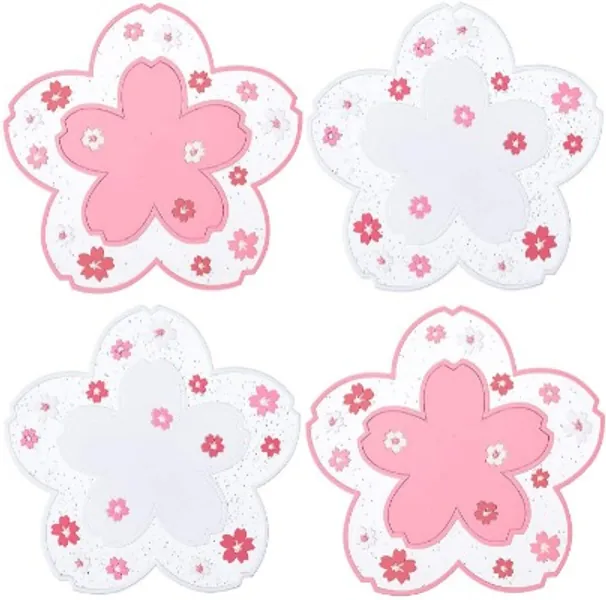 Kawaii Sakura Cup Coaster, Cute Kitchen Pot Bowl Pad Placemat Cherry Blossom Cup Mat, Durable Anti-Skid Insulation Table Coaster, Flower Pattern Mug Coasters Set 4 for Drinks, Coffee, Tea (4.5in)