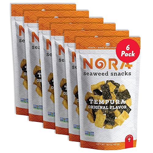 Original Tempura Seaweed Snacks by Nora, Thick Nori Sheets Snack Strips, Low-Carb Healthy Snacks for Adults, Asian Snacks, Vegan, Non-GMO, 6-Pack - Tempura Original - Pack of 6