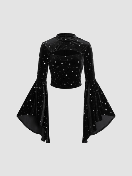 Velvet Star Pattern Bell Sleeve Top | M