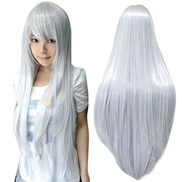 Anogol Hair Cap+32Inch/80cm Silver Wig For Women Cosplay Wig, Peluca Larga Plateada For Anime Cosplay Women Halloween Costumes, Silver White Wig Straight Wig For Halloween Party - Gray