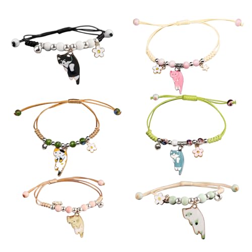Pingyongchang 6Pcs Cute Animal Cat String Rope Braided Bracelet for Women Girl Lovely Cartoon Kitten Flower Handmade Adjustable Bracelet Animals Cat Lover Friendship Jewelry Birthday Gifts