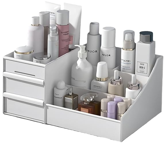 XIOU Makeup Desk Organizer with Drawers - Countertop Organizer for Cosmetics, Vanity Holder for Lipstick, Brushes, Lotions, Eyeshadow, Nail Polish and Jewelry (White) - White