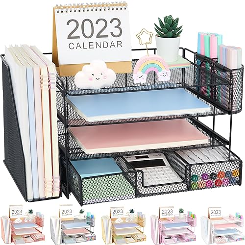 OPNICE Desk Organizers and Accessories, Desk Accessories & Workspace Organizers for Office Supplies, File Organizer Desk Drawer Organizer with 2 Pen Holders, 4 Tier Paper Organizer for Desk(Black) - Black