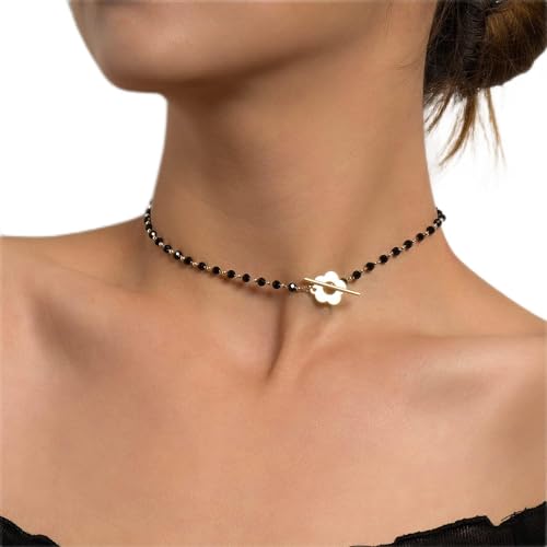 Octwine Dainty Boho Flower Short Choker Necklace Simple Black Crystals Choker Necklaces for Women and Girls (Gold) - Gold