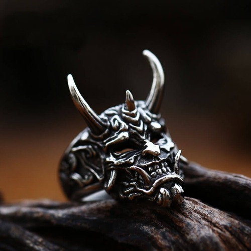 Vintage Oni Mask Stainless Steel Ring - Stainless Steel / 10