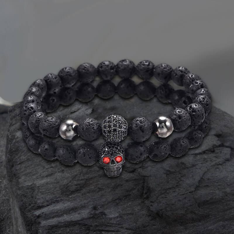 Red Eye Skull Volcanic Rock Bracelet Set - Synthetic Volcanic Rock / 19 cm