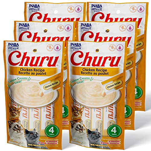 INABA Churu Cat Treats, Grain-Free, Lickable, Squeezable Creamy Purée Cat Treat/Topper with Vitamin E & Taurine, 0.5 Ounces Each Tube, 24 Tubes (4 per Pack), Chicken Recipe - Chicken