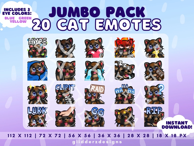 Twitch Tortoiseshell Cat Emote JUMBO Pack | 20 Tortoiseshell Cat Twitch Emotes | Black Cat Stream Emotes Pack | Tortoiseshell Cat Emotes
