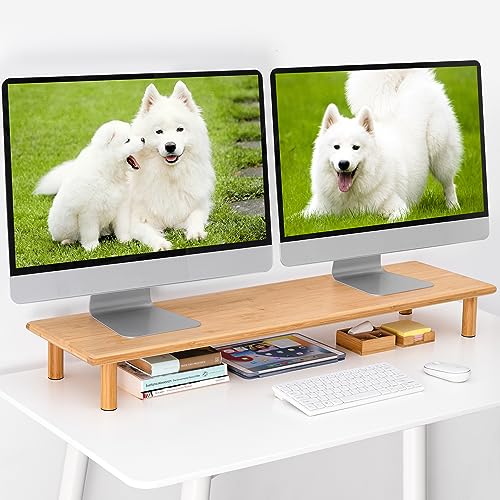 ROCDEER Bamboo Dual Monitor Shelf, 39.37x10.62x5.5in, Desk Accessory for 2 Monitors, Underneath Storage, Heavy TV Riser up to 130 lbs, Natural