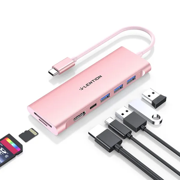 LENTION USB C Multiport Hub with 4K HDMI, 3 USB 3.0, SD/Micro SD Card Reader, 100W PD Compatible 2022-2016 MacBook Pro, New Mac Air, Other Type C Devices, Stable Driver Adapter (CB-C36B, Rose Gold)