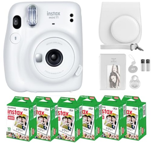 Fujifilm Instax Mini 11 Camera with Fujifilm Instant Mini Film (60 Sheets) Bundle with Deals Number One Accessories Including Carrying Case, Selfie Lens, Photo Album, Stickers (Ice White) - Ice White