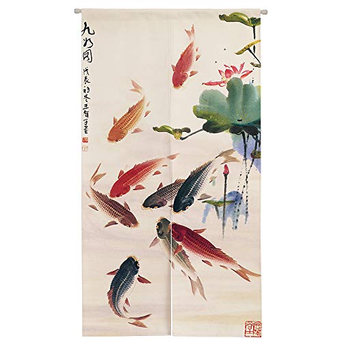 Ofat Home Chinese Ink Painting Doorway Curtain Carps Koi Fishes Japanese Noren Bring You Good Luck Tapestry for Wall Hanging Bedroom Divider Kitchen Partition Bathroom Door Decor, 33.5 inchx 59 inch - Koi