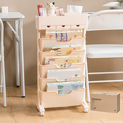 Function Home Bookcase, 6-Tier Bookshelf, Modern Freestanding Multifunctional Decorative Storage Shelving Display Shelves, Book Shelf Tall Narrow for Bedroom Living Room Office,Pink,with Drawer - with drawer - Pink