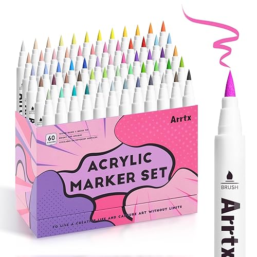 Arrtx 60 Colors Paint Markers Paint Pens, Acrylic Paint Pens for Artists Adults Coloring Drawing Cartoon Anime Comic - Brush Tip for Rock Painting, Wood, Canvas, DIY Crafts Making Art Supplies-60B - 60b-anime Color