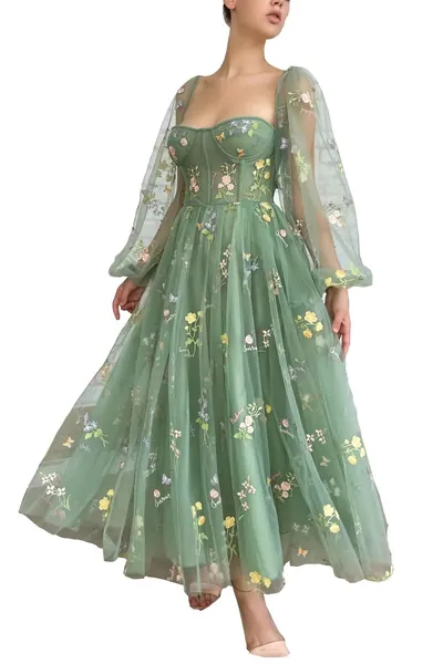 Smileven Women's Puffy Sleeve Prom Dresses Flower Embroidery Tulle Formal Evening Party Gowns - Green Long Sleeve 8