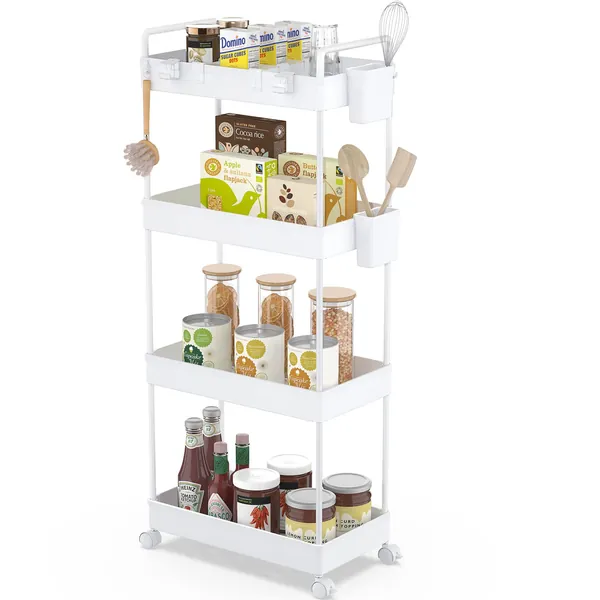 Ronlap Slim Storage Cart, 4 Tier Utility Rolling Cart with Wheels Mobile Slide Out Storage Organizer Cart with Handle Hanging Cups Dividers for Bathroom Laundry Room Kitchen Office Narrow Place, White - White