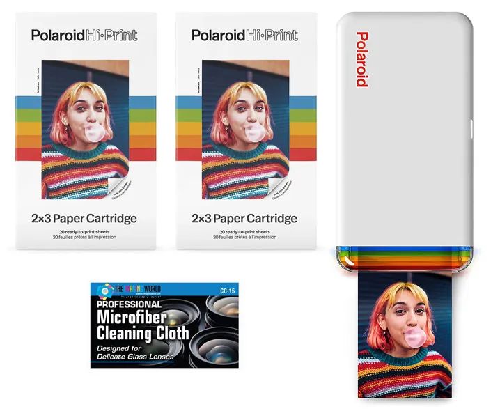 Polaroid Hi-Print - Bluetooth Connected 2x3 Pocket Phone Photo Printer with 2 Polaroid Hi·Print 2x3 Paper Cartridges (40 Sheets) and Microfiber Cloth - 