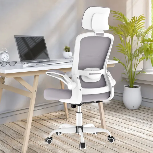 Mimoglad Office Chair, High Back Ergonomic Desk Chair with Adjustable Lumbar Support and Headrest, Swivel Task Chair with flip-up Armrests for Guitar Playing, 5 Years Warranty - Grey Modern