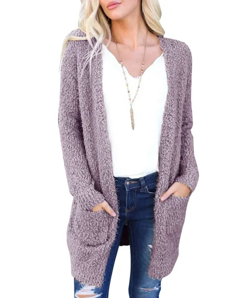 MEROKEETY Women's Long Sleeve Soft Chunky Knit Sweater Open Front Cardigan Outwear Coat - E-plush Taro X-Large