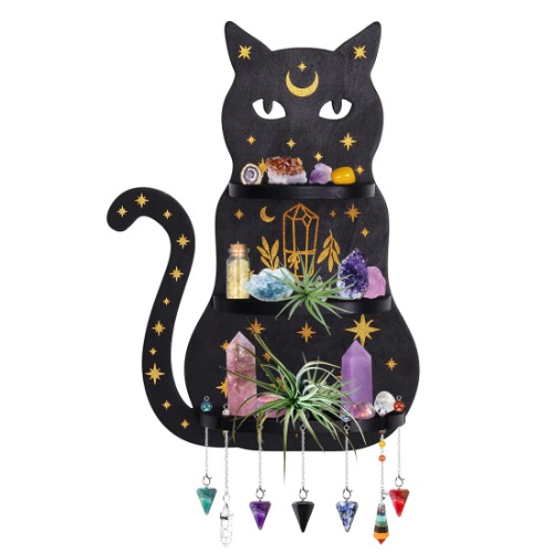 SSISSI Cat Moon Shelf for Crystals - Jewlery Pendulum Hanging Boho Wall Decor Candle Holder Witchy Crystal Display Stand Stones Celestial Nursery Small Plant Black - 