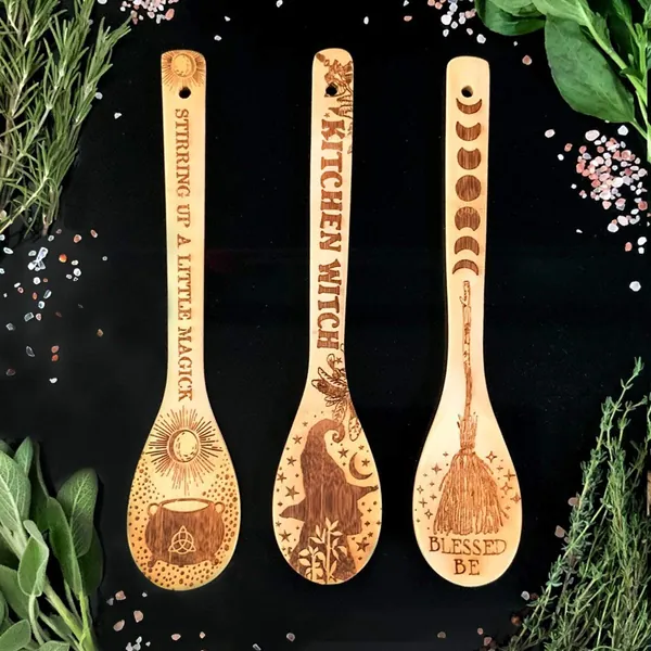 Witchy Decor Halloween Laser Engraved Bamboo Large Wooden Spoon Kitchen Witch Witchy Gifts - 