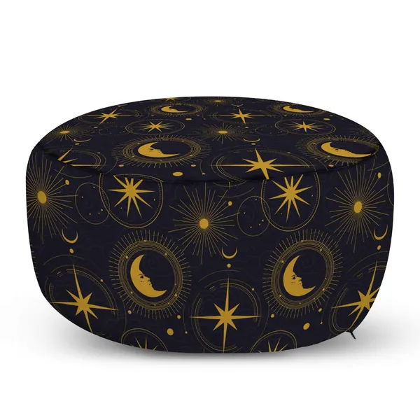 Ambesonne Alchemy Ottoman Pouf, Mystic Night Image Windrose Stars Sun and Crescent Moon with Human Face, Decorative Soft Foot Rest with Removable Cover Living Room and Bedroom, Indigo and Dark Yellow - 