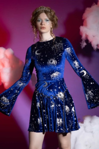 Celestial Chandelier Velvet Flare Sleeve Lace Back Dress | S / Blue