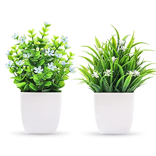 Der Rose 2 Packs Fake Plants Small, Mini Artificial Plants with Flowers for Home Office Bedroom Decor Indoor - Green a - 2
