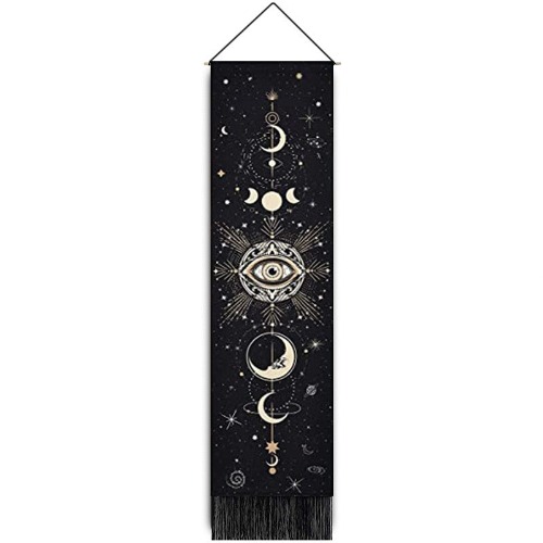 Moon Phase Celestial Tassel Tapestry Wall Hanging - 32.5x130 CM / Black