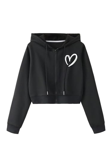SweatyRocks Women's Long Sleeve Drawstring Full Zip Hooded Jacket Crop Sweatshirt - Large - Black White Heart