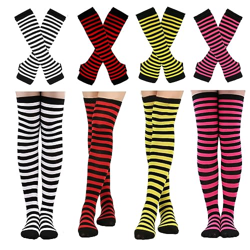 Barrlves 2/4 Sets Womens Striped Knee High Socks Long Knitted Arm Warmers Fingerless Gloves for Halloween Costume - 4sets Striped Grey+red+green+yellow
