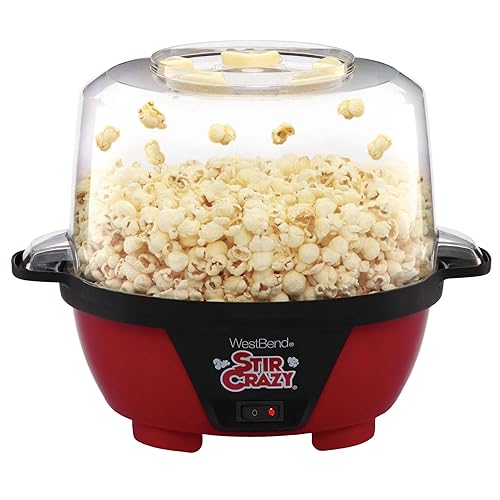 West Bend Stir Crazy Popcorn Machine Electric Hot Oil Popper Includes Large Lid for Serving Bowl and Convenient Nesting Storage, 6-Quart, Red - 6-Quart - Red
