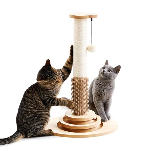 Made4Pets Cat Scratching Post, 23" Tall Sisal Scratcher Post with Cat Self Groomer, 4-in-1 Interactive Trackball Toys with Cat Hair Brush, Vertical Cat Climbing Tree with Dangling Plush Balls - Upgraded