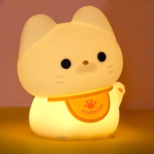 Amaredom Waving Kitten Night Light, Cute Cat Lamp, Silicone Dimmable Nursery Nightlight, Rechargeable LED Bedside Lamp with 20 Minutes Timer & Tap Control Baby Girls Women Bedrooms, Living Room - Lucky Cat