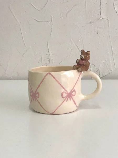 teddy bear mug with ribbon bow handmade ceramic mug - 300 ml | handmade coffee mugs, unique valentines gift pottery mug, cute aesthetic mug