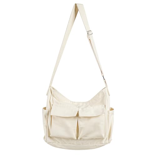 BROADREAM Kuriertasche aus Leinenstoff mit groß Fassungsvermögen - Canvas Messenger Bag Vintage, Hobo Crossbody Bag mit Mehreren Taschen für Herren und Damen Arbeit Schule Shopper Lässige täglich - Beige