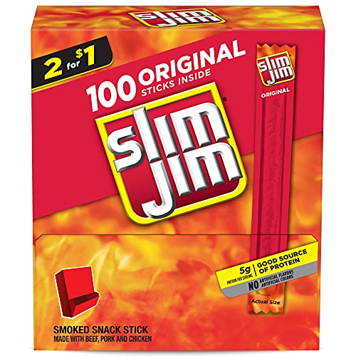 Slim Jim Original Smoked Meat Sticks, Keto Friendly, 44 oz. 100-Count Box - 0.44 Ounce (Pack of 100)