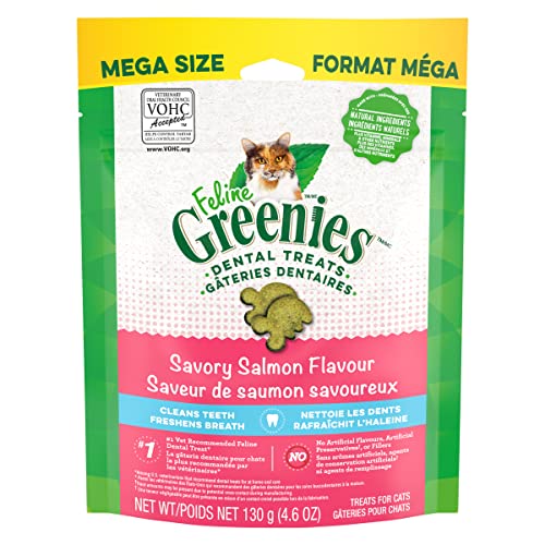 FELINE GREENIES Cat Treats Adult Natural Dental Care, Savory Salmon Flavour, 4.6oz. Pouch - Savoury Salmon - 130 g (Pack of 1)