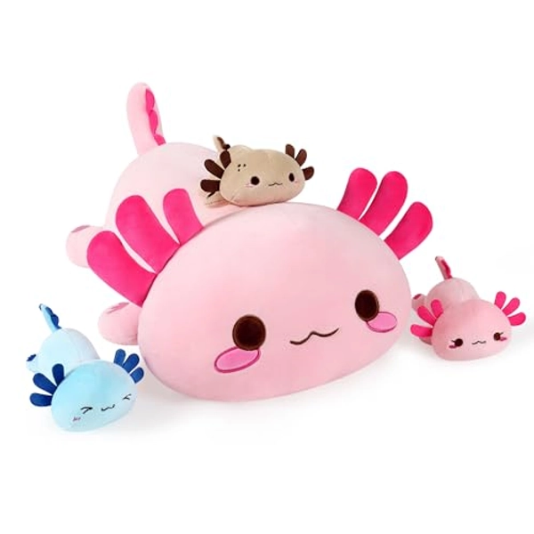 Onsoyours Axolotl Stuffed Animal Mommy 19.7" with 3 Baby Axolotl Plushies in Tummy, 4 Piece of Cute Axolotl Plush Pillow Toys for Kids Girls Boys (Pink Axolotl Family) - Pink Axolotl Family