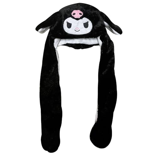 Kawaii Ear Moving Jumping Hat Cute Cartoon Fluffy Cap Soft Warm Headwear Anime Plush Hats for Women Girls - Black