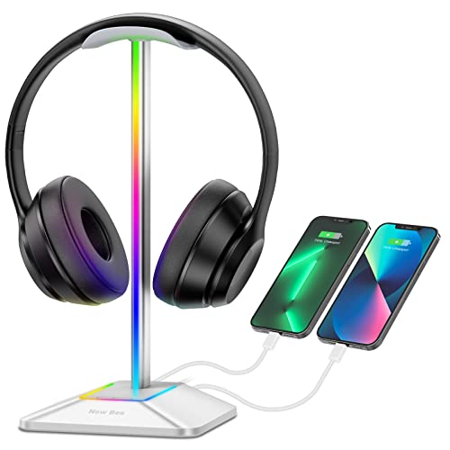 New bee RGB Headphone Stand with 1 USB-C Charging Port and 1 USB Charging Port, Desk Gaming Headset Holder with 7 Light Modes and Non-Slip Rubber Base Suitable for All Earphone Accessories (Silver) - Silver