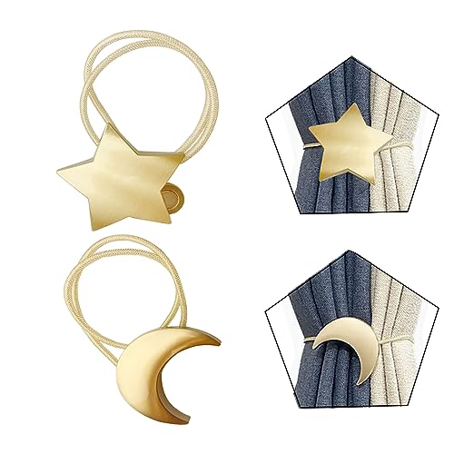 Magnetic Curtain Tiebacks Clips Decorative Rope Holdbacks 1 Pair Gold Moon and Star Shape Window Curtain Drape Tie Backs for Window Draperies Hold, Bedroom Home Décor (1pc Moon +1pc Star) - Gold 1pc Moon + 1pc Star Shape Curtain Tieback - 2