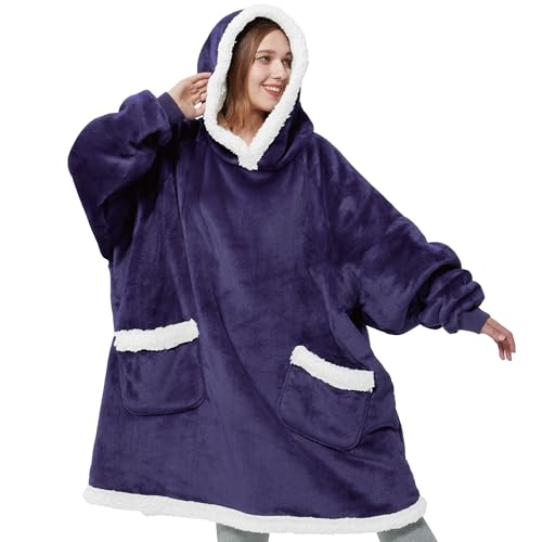 Bedsure Wearable Blanket Hoodie with Sleeves - Sherpa Hooded Blanket Adult as Warm Gifts for Mom Women Girlfriend Men, Winter Sweatshirt Blanket with Giant Pocket Purple (Standard, Ultra Violet) - Standard - Solid - Ultra Violet